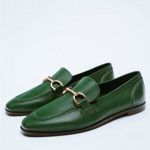 Green Zara Soft Leather Gold Hardware Trim Slip-On Round Toe Loafers (NWT)